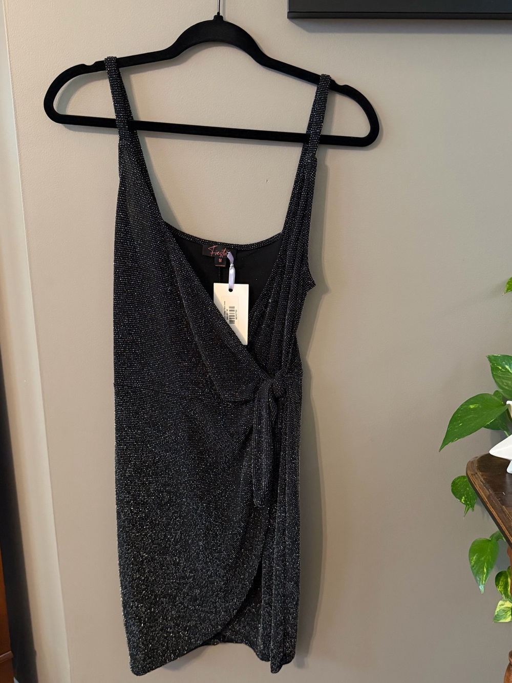 NWT** Fiestar Ready To Shine Glitter Tank Dress Black Metallic Mini Wrap  M